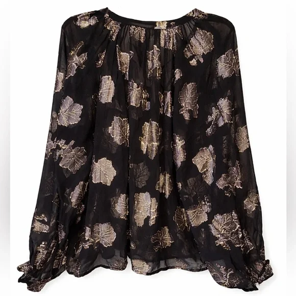 H&M Blouse black sheer gold metallic print size L - Picture 4 of 7